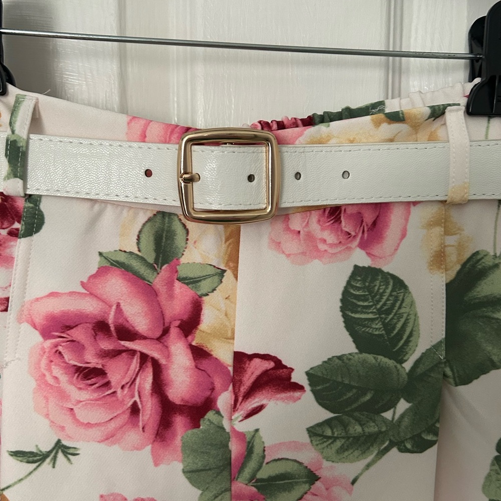 Floral Wide Leg Pants with Belt - Pink Rose Print - Picture 5 of 9